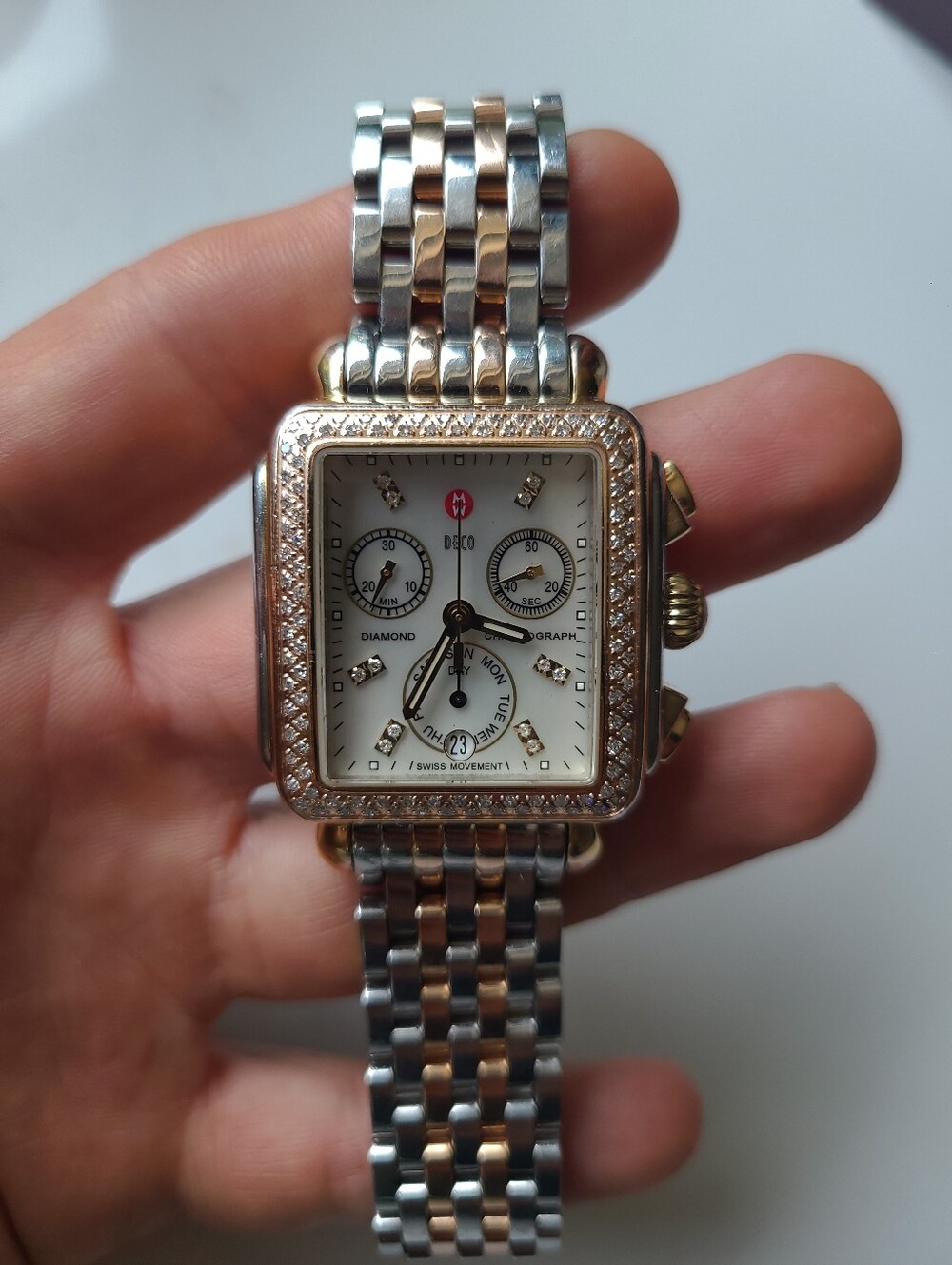 Michele Deco Tri Two Tone Diamond Yellow Gold Rose Gold And Silver Watch